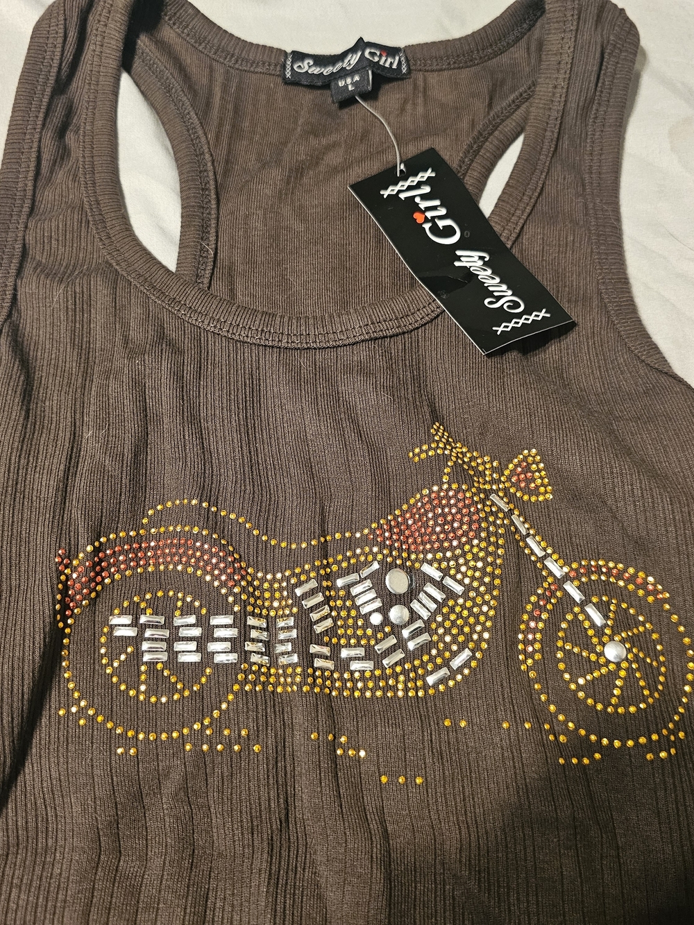 Brown Ribbed Tank with Studded Motorcycle Accent